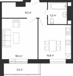 Однокомнатная квартира 49 м²