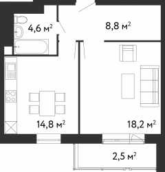 Однокомнатная квартира 48.9 м²