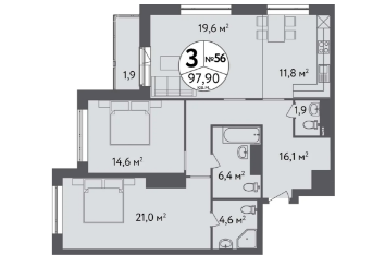 Трёхкомнатная квартира 102.3 м²