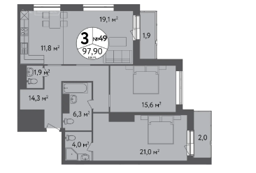 Трёхкомнатная квартира 107.1 м²