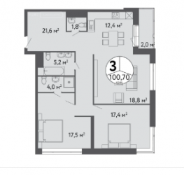 Трёхкомнатная квартира 105.4 м²